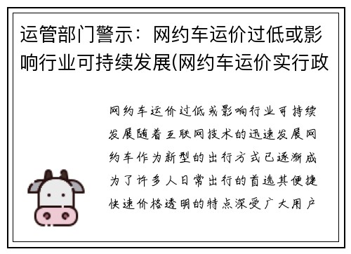 运管部门警示：网约车运价过低或影响行业可持续发展(网约车运价实行政府调节价)