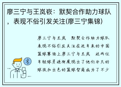 廖三宁与王岚嵚：默契合作助力球队，表现不俗引发关注(廖三宁集锦)