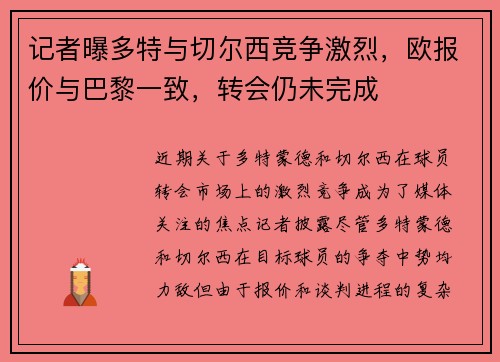记者曝多特与切尔西竞争激烈，欧报价与巴黎一致，转会仍未完成
