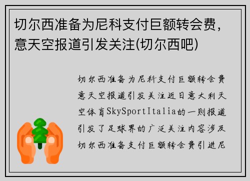切尔西准备为尼科支付巨额转会费，意天空报道引发关注(切尔西吧)