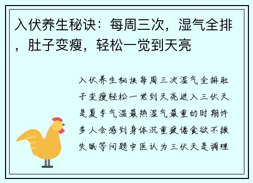 入伏养生秘诀：每周三次，湿气全排，肚子变瘦，轻松一觉到天亮