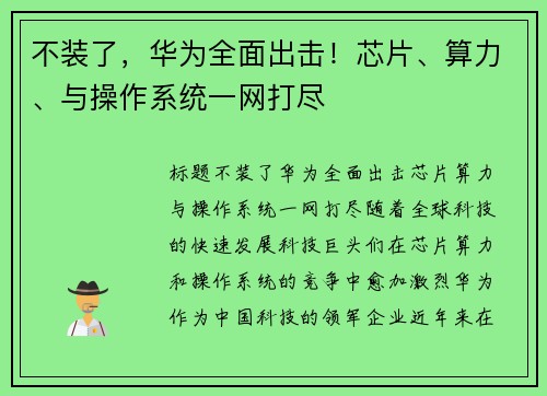不装了，华为全面出击！芯片、算力、与操作系统一网打尽