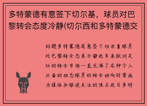 多特蒙德有意签下切尔基，球员对巴黎转会态度冷静(切尔西和多特蒙德交锋)